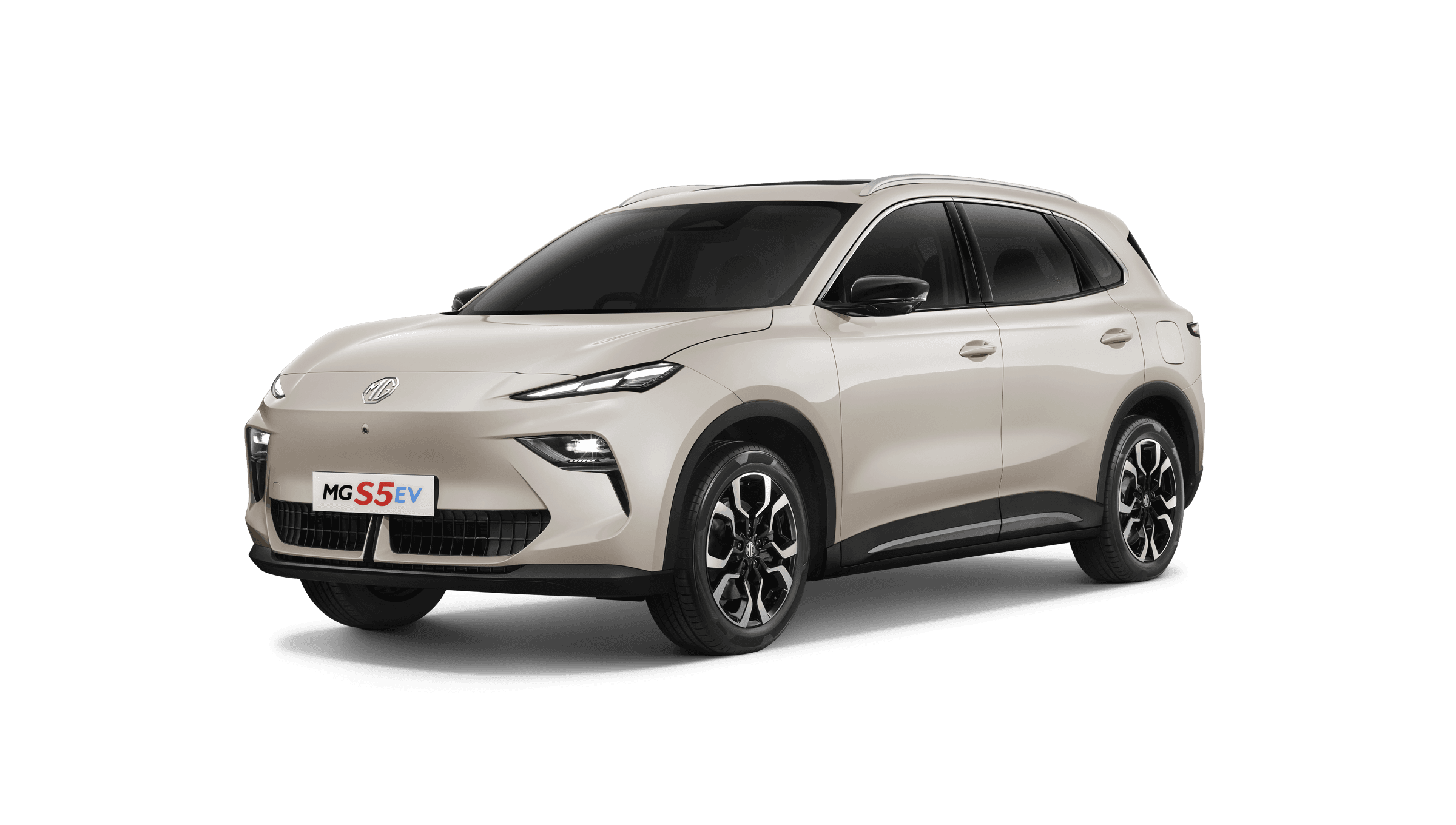 MG MGS5 EV PLUS สีขาว มุมด้านหน้าบนพื้นหลังสีอ่อน
